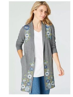 J Jill Embroidered Long Duster Cotton Cardigan